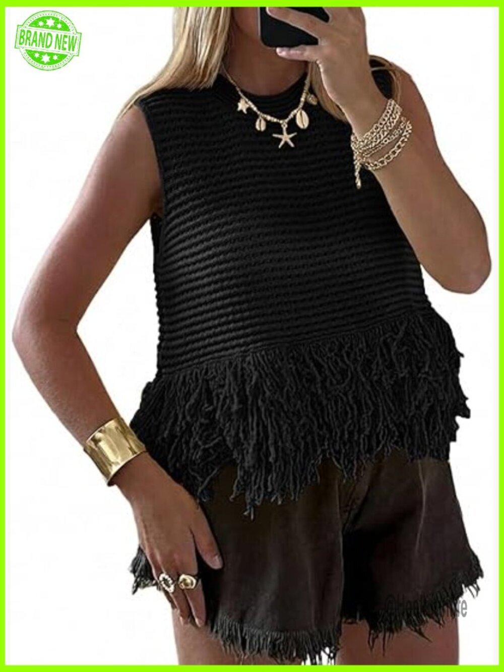 Crochet Knit Sweater Vest Sleeveless Fringe Crew Neck Boho Summer Top